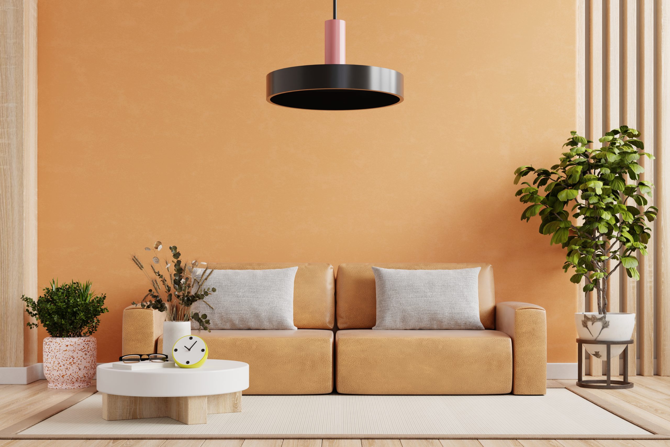 Bright and cozy modern living room wall mockup with leather sofa and decor on white background